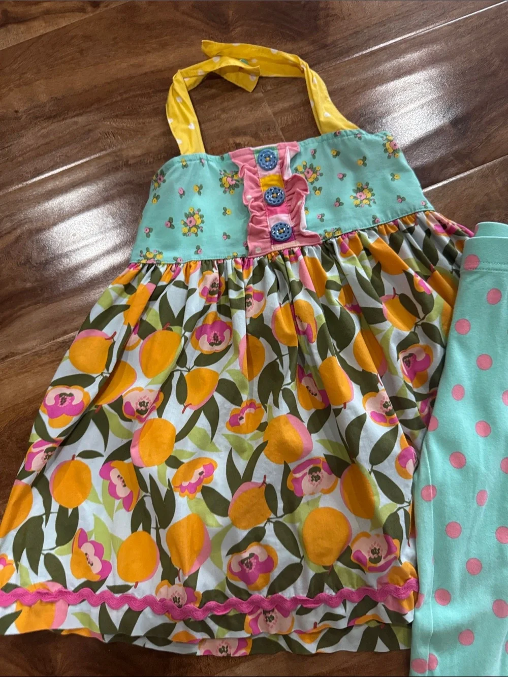 Matilda Jane Citrus Floral Halter top with Polka Dot cropped Leggings size 4